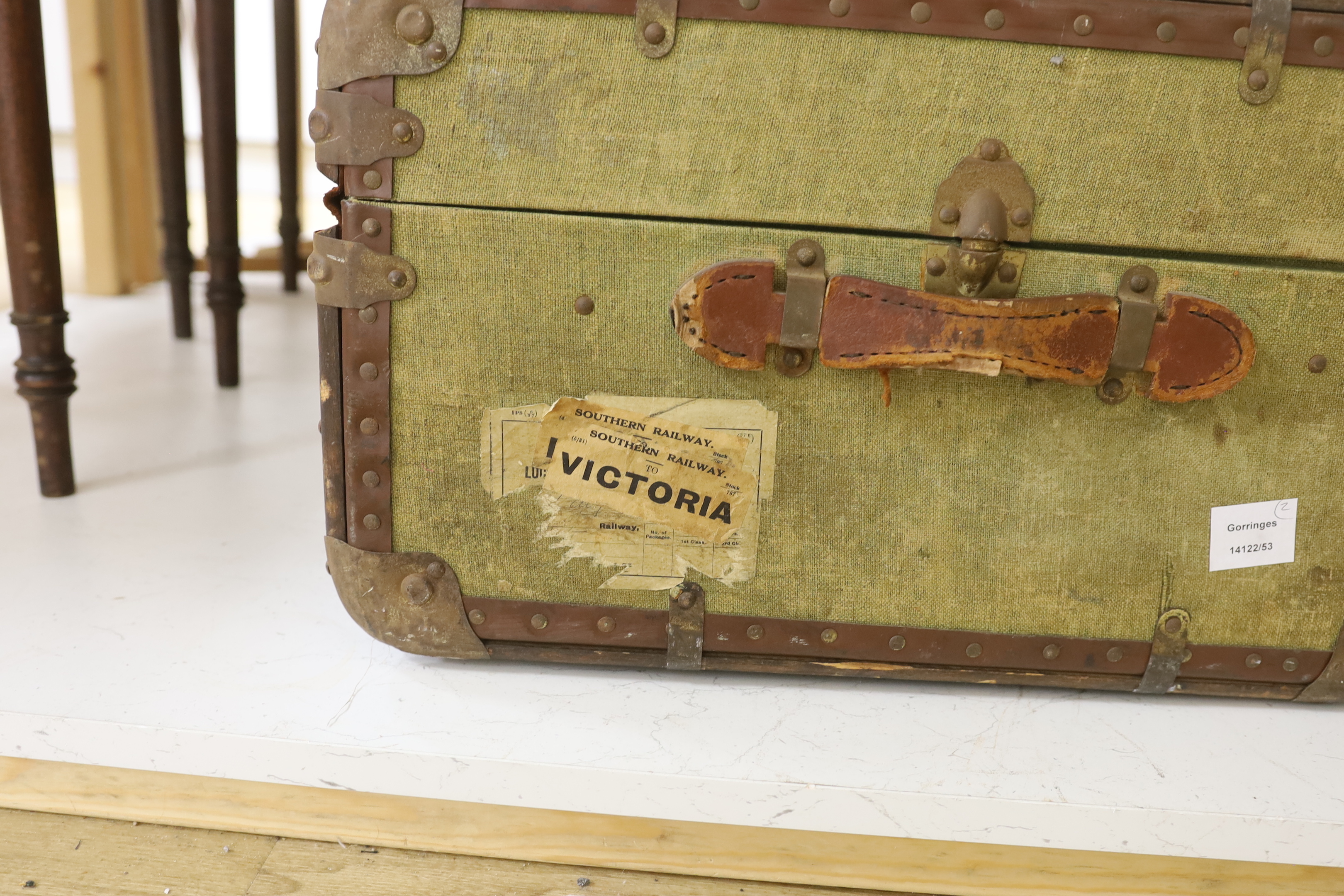 A steamer trunk and a leather Gladstone bag, trunk 63cm wide